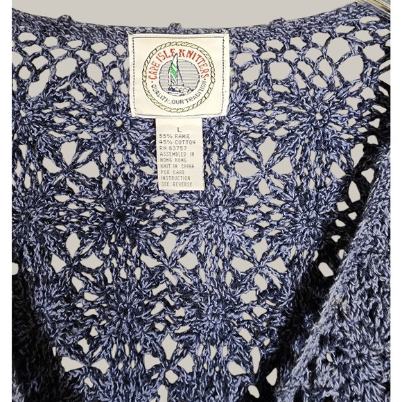Vtg Cape Isle Knitters Blue Open Crochet Cardigan Size L Cottagecore Coastal - Picture 5 of 8